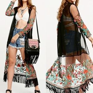 Black Embroidery Kimono with Fringes